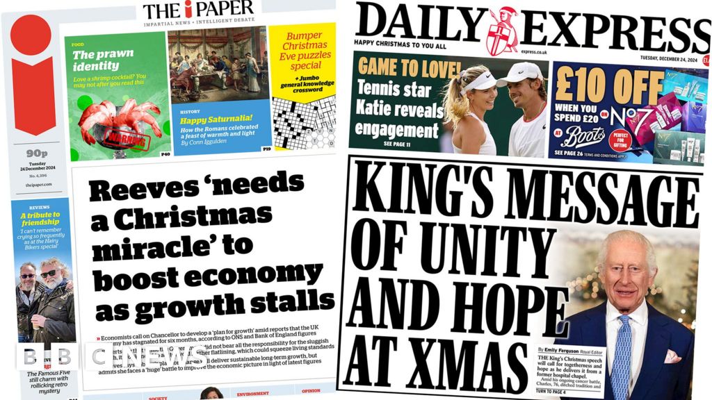 Newspaper headlines: Reeves needs 'Christmas miracle' and King's 'message of unity'