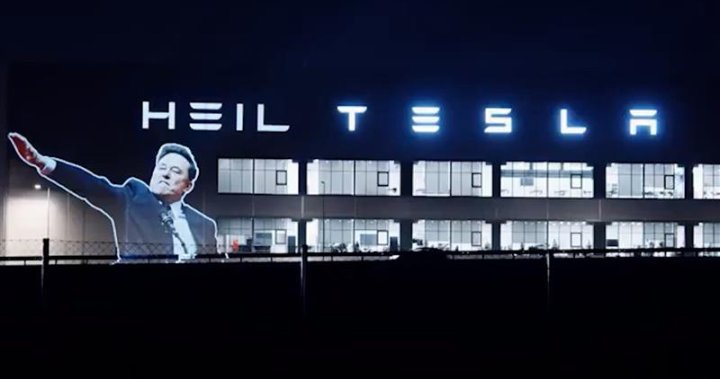 ‘Heil Tesla’: Elon Musk’s salute projected onto carmaker’s factory in Germany - National | Globalnews.ca